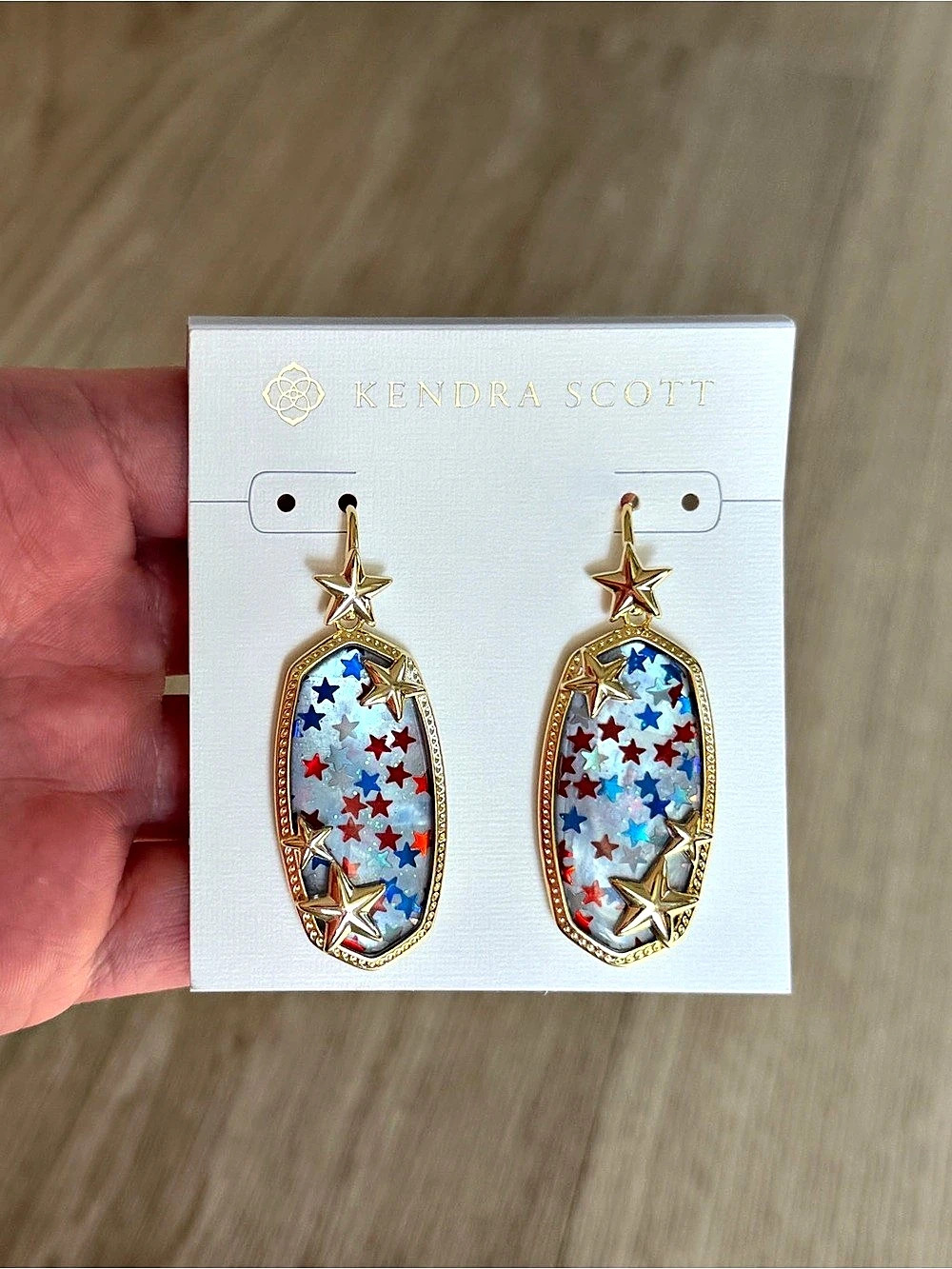 New Kendra Scott Earrings Elle Stars Gold Tone Red White Blue Patriotic 2” Drop